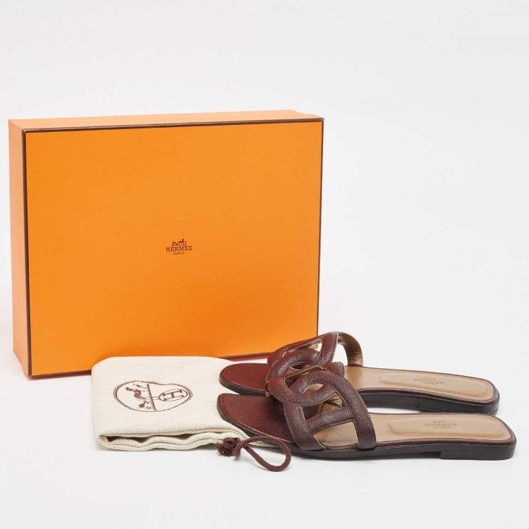 Pre Owned Hermes Burgundy Leather Omaha Flat Slides Size 39