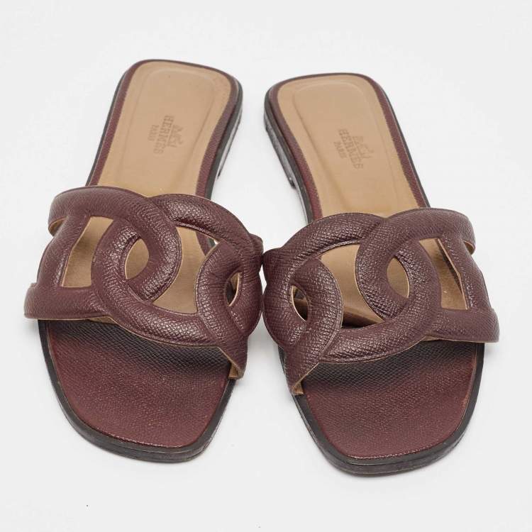 Pre Owned Hermes Burgundy Leather Omaha Flat Slides Size 39