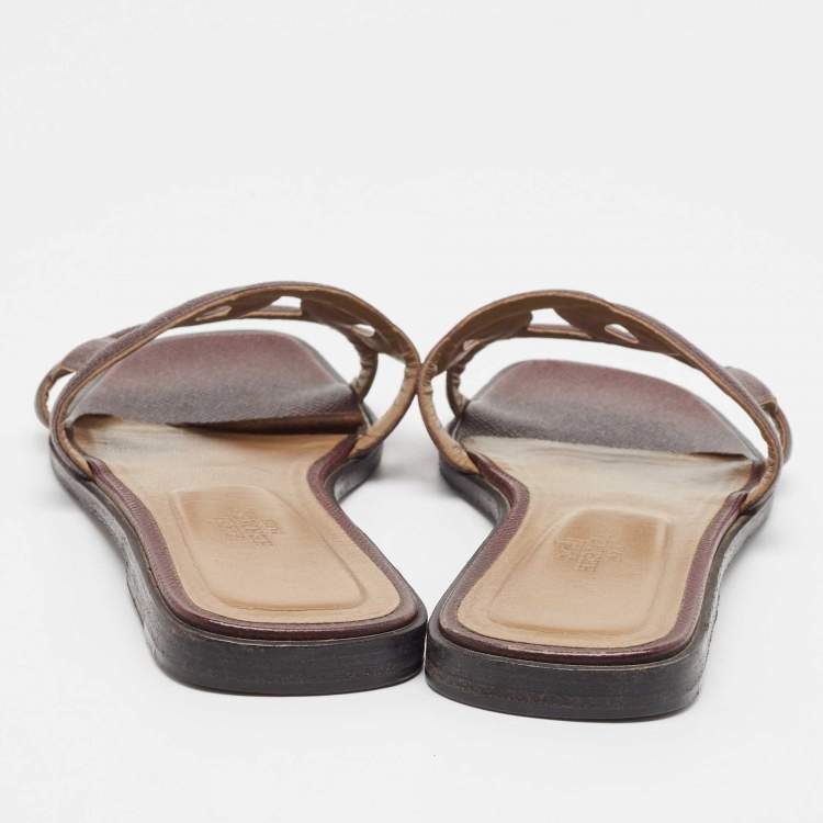 Pre Owned Hermes Burgundy Leather Omaha Flat Slides Size 39