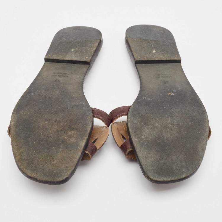 Pre Owned Hermes Burgundy Leather Omaha Flat Slides Size 39