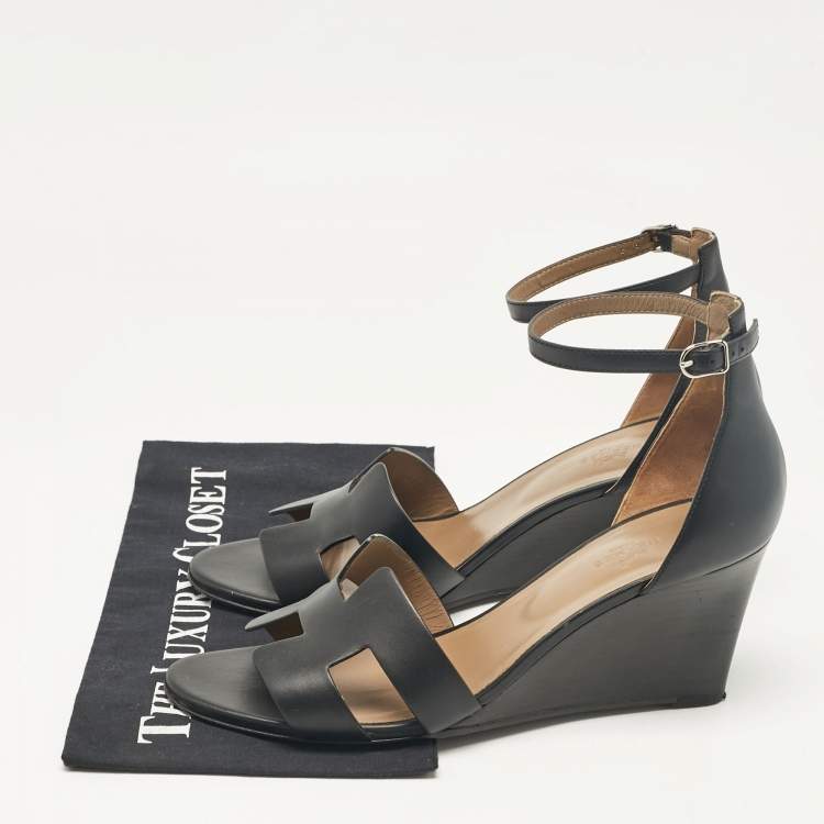 Pre Owned Hermes Black Leather Legend Wedge Sandals Size 42