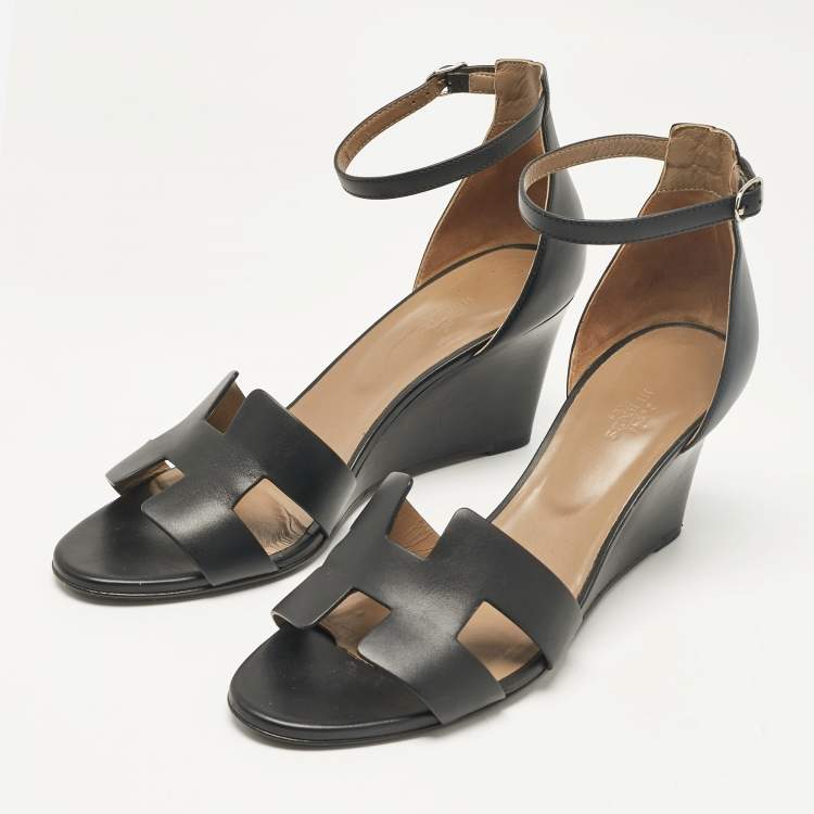 Pre Owned Hermes Black Leather Legend Wedge Sandals Size 42