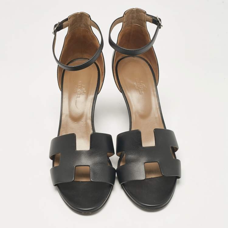 Pre Owned Hermes Black Leather Legend Wedge Sandals Size 42