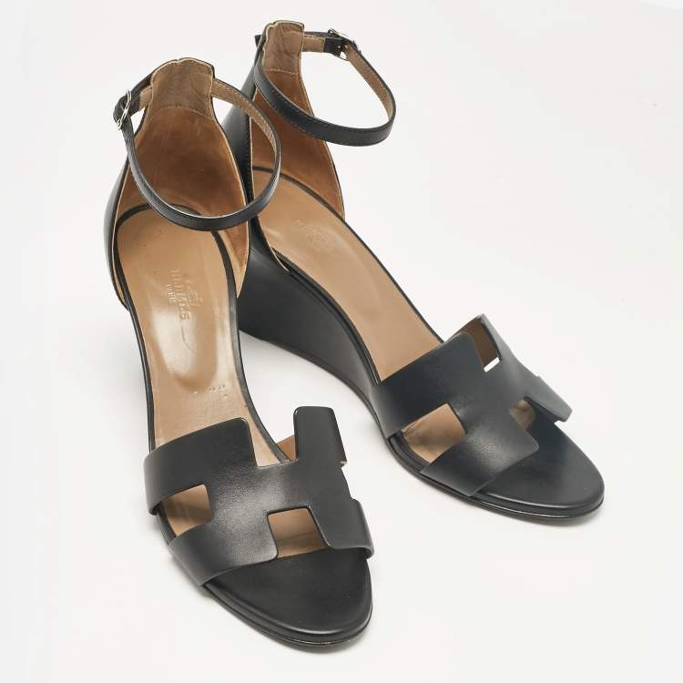 Pre Owned Hermes Black Leather Legend Wedge Sandals Size 42