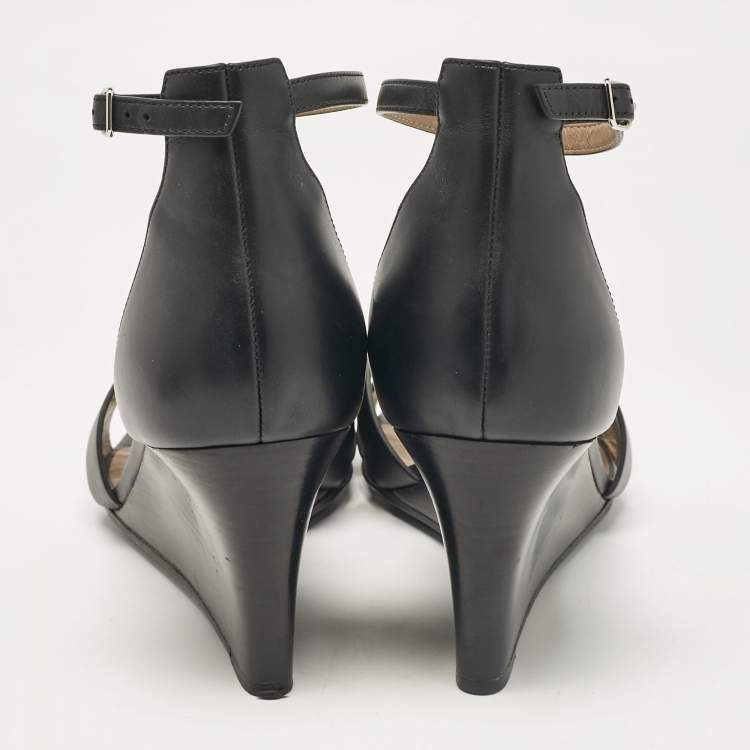 Pre Owned Hermes Black Leather Legend Wedge Sandals Size 42