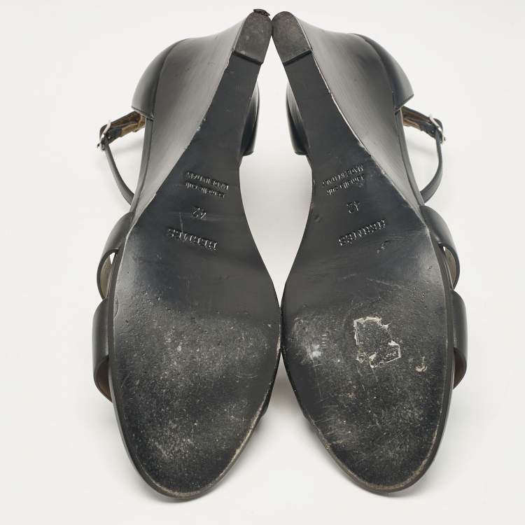 Pre Owned Hermes Black Leather Legend Wedge Sandals Size 42