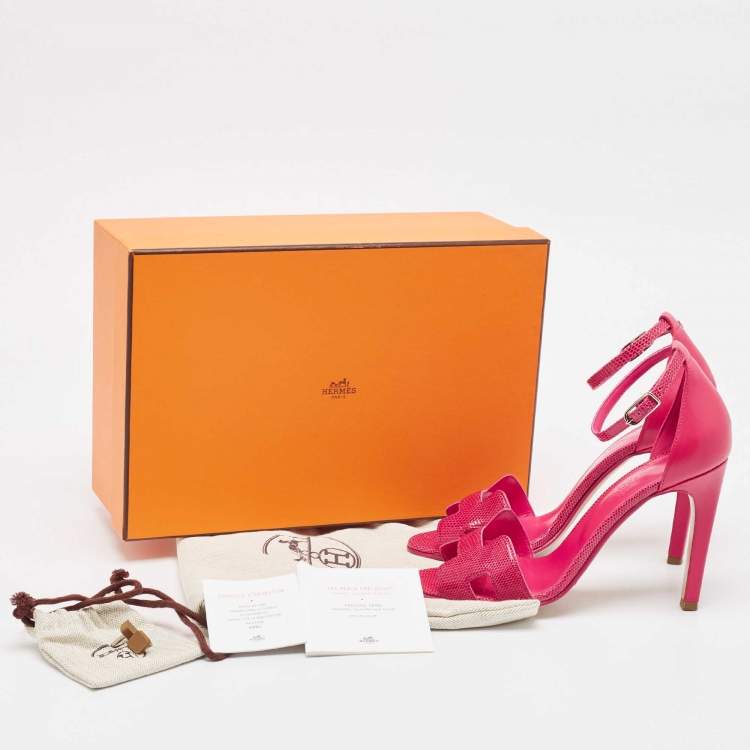 Pre Owned Hermes Pink Lizard and Leather Premiere Sandals Size 37.5