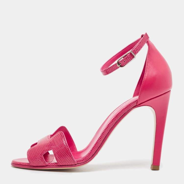 Pre Owned Hermes Pink Lizard and Leather Premiere Sandals Size 37.5