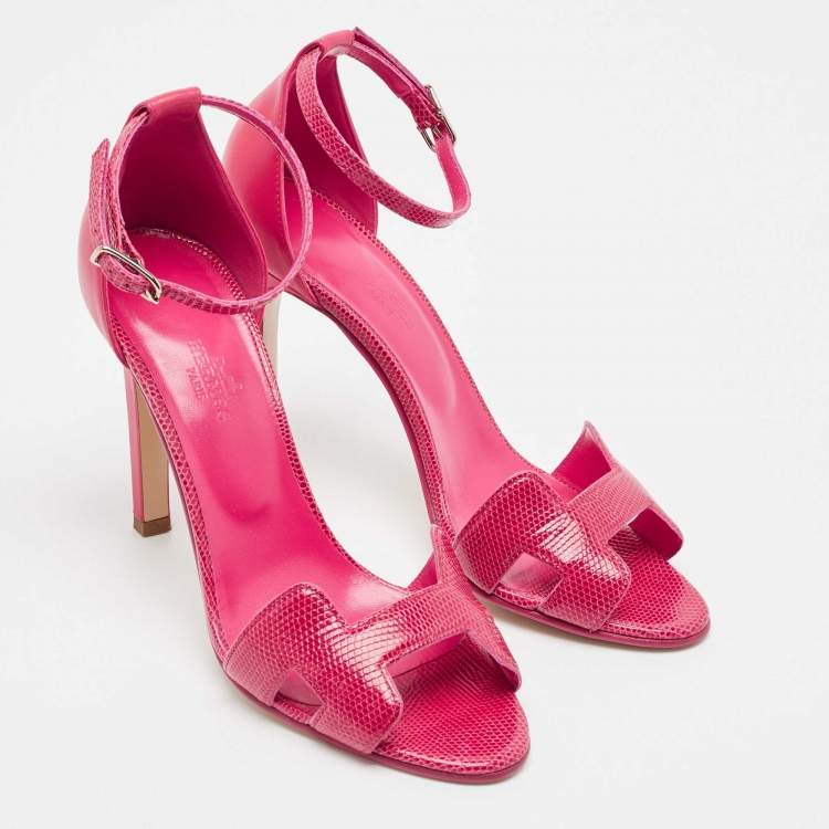 Pre Owned Hermes Pink Lizard and Leather Premiere Sandals Size 37.5