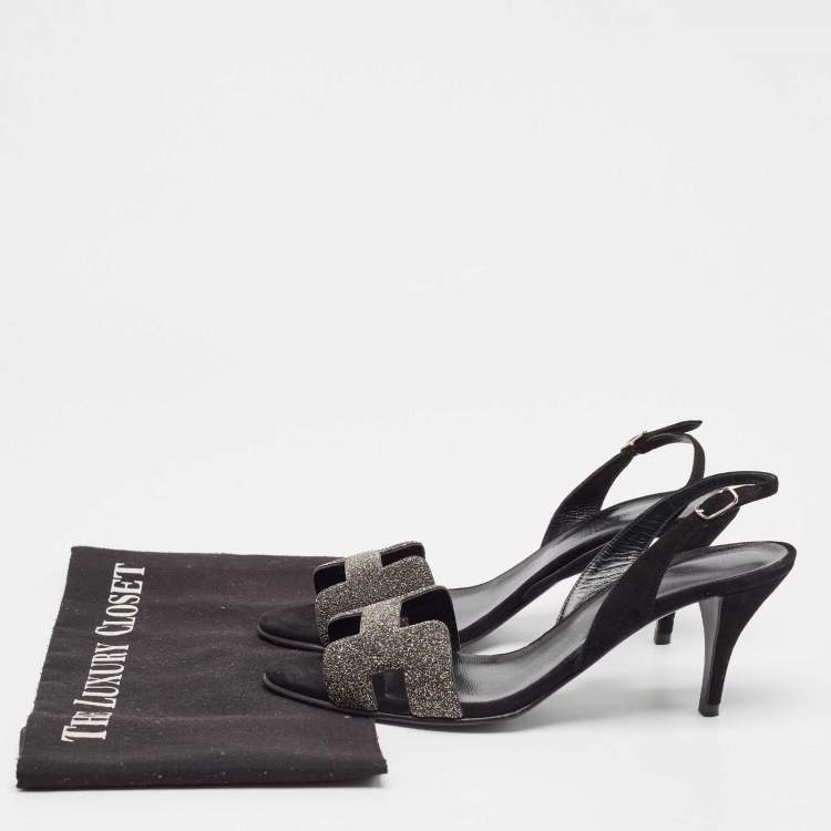 Pre Owned Hermes Black Suede Night Slingback Sandals Size 37.5