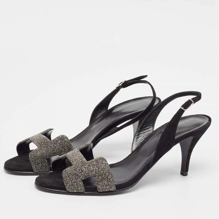 Pre Owned Hermes Black Suede Night Slingback Sandals Size 37.5