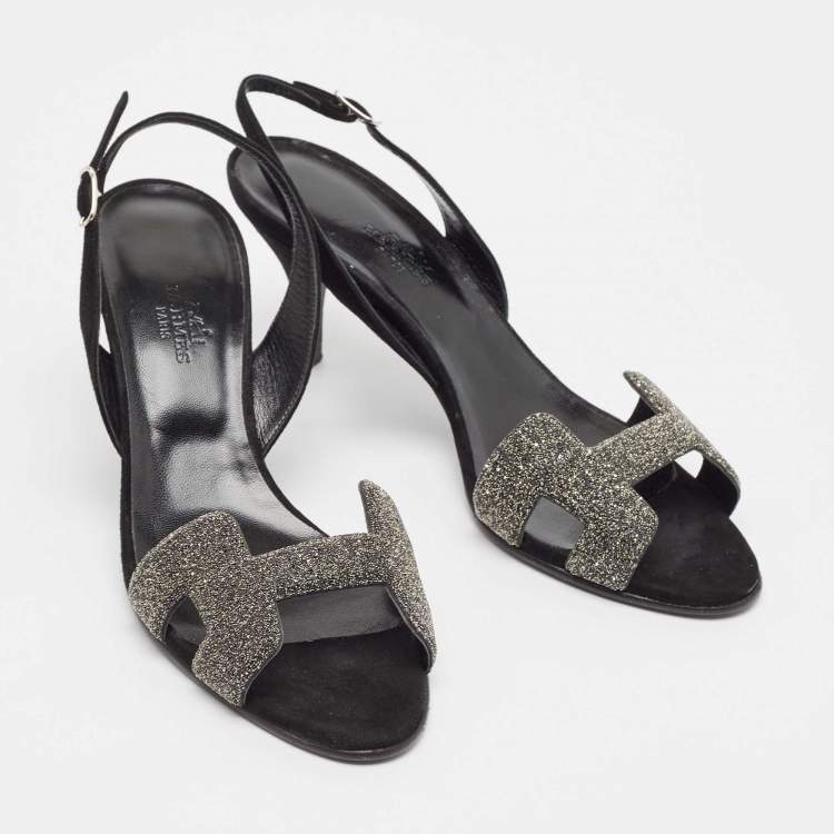 Pre Owned Hermes Black Suede Night Slingback Sandals Size 37.5