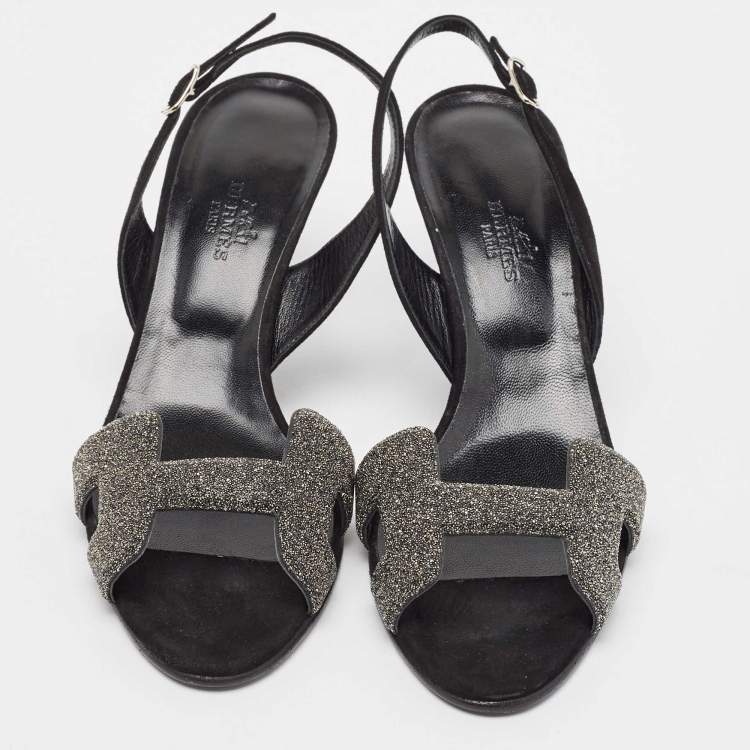 Pre Owned Hermes Black Suede Night Slingback Sandals Size 37.5