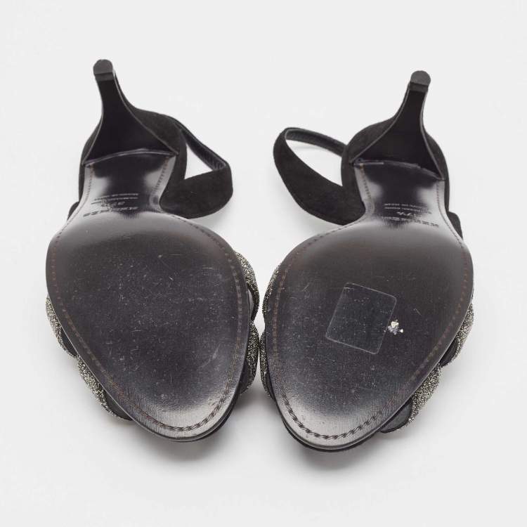 Pre Owned Hermes Black Suede Night Slingback Sandals Size 37.5