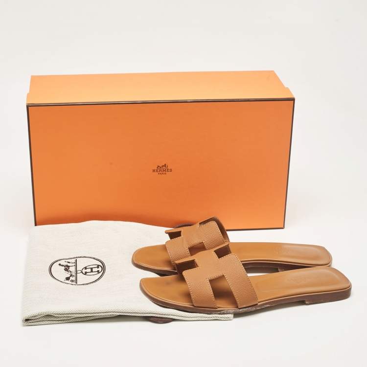 Pre Owned Hermes Brown Leather Oran Flat Slides Size 38.5
