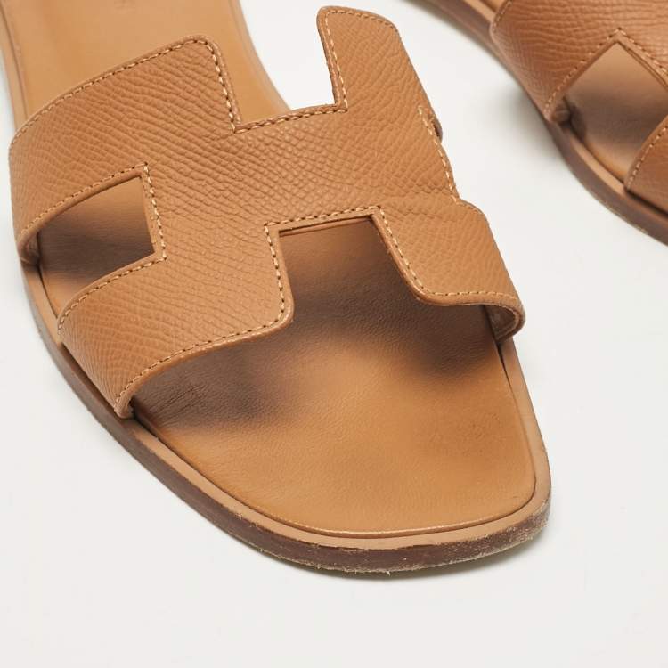 Pre Owned Hermes Brown Leather Oran Flat Slides Size 38.5