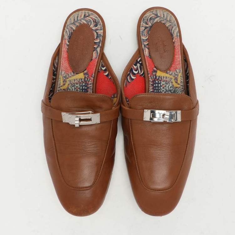 Pre Owned Hermes Brown Leather Oz Mules Size 38