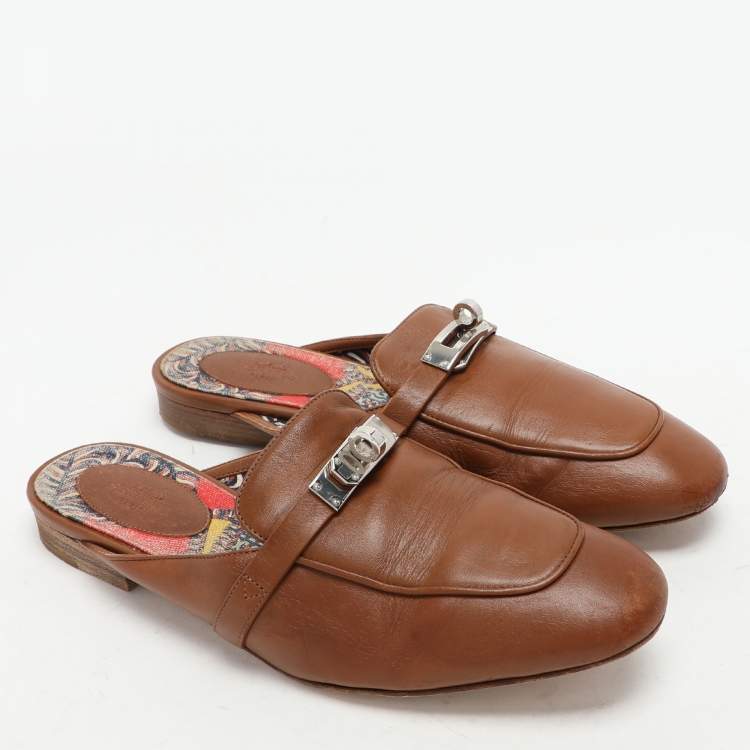 Pre Owned Hermes Brown Leather Oz Mules Size 38