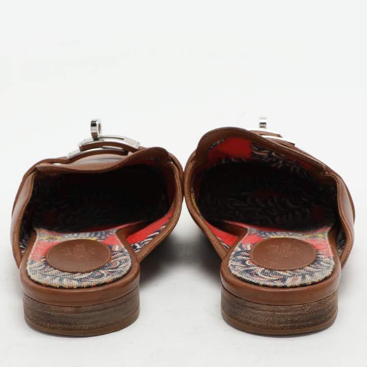 Pre Owned Hermes Brown Leather Oz Mules Size 38