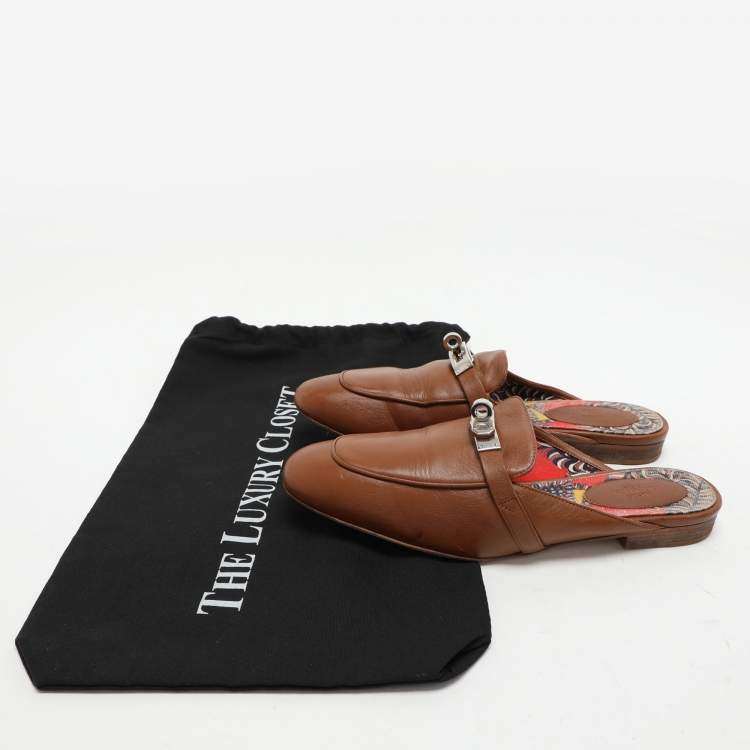 Pre Owned Hermes Brown Leather Oz Mules Size 38