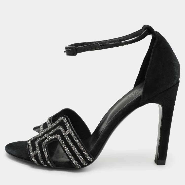 Hermes Black/Silver Rhinestone and Suede Premiere 70 Ankle