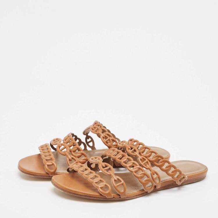 Pre Owned Hermes Tan Leather Chaine D'ancre Flat Slides Size 36.5