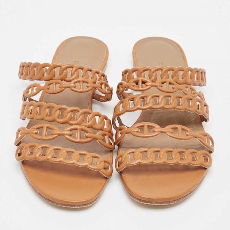 Pre Owned Hermes Tan Leather Chaine D'ancre Flat Slides Size 36.5