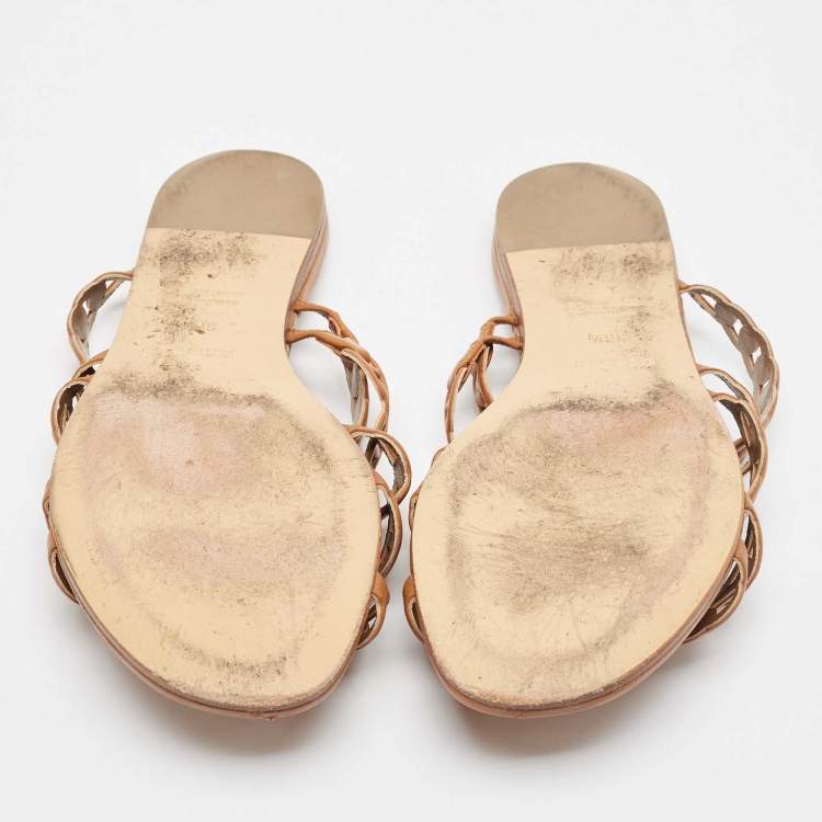 Pre Owned Hermes Tan Leather Chaine D'ancre Flat Slides Size 36.5