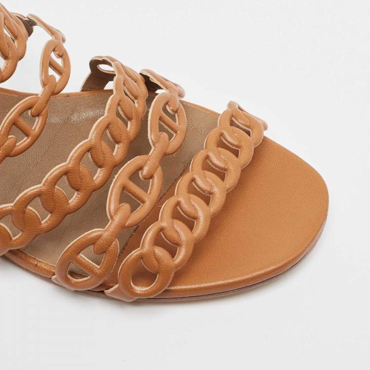 Pre Owned Hermes Tan Leather Chaine D'ancre Flat Slides Size 36.5
