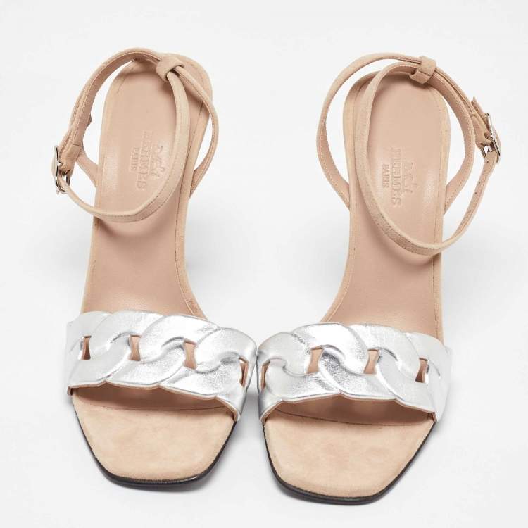 Pre Owned Hermes Silver Leather and Suede Gala 105 Slingback Sandals Size 38