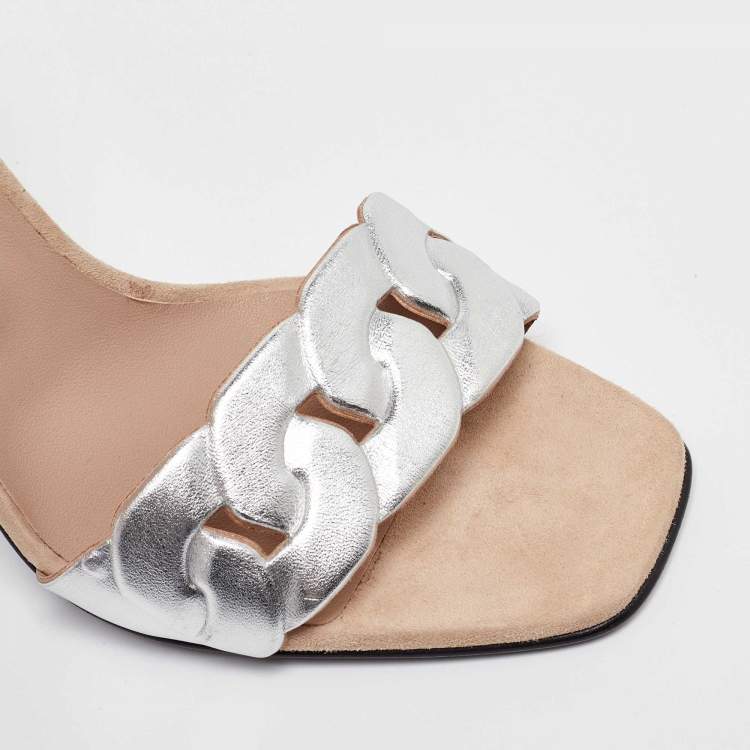 Pre Owned Hermes Silver Leather and Suede Gala 105 Slingback Sandals Size 38