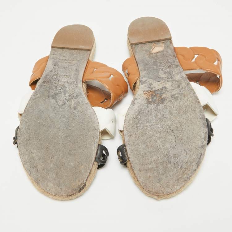 Pre Owned Hermes Tricolor Leather Gwen Slides Size 39