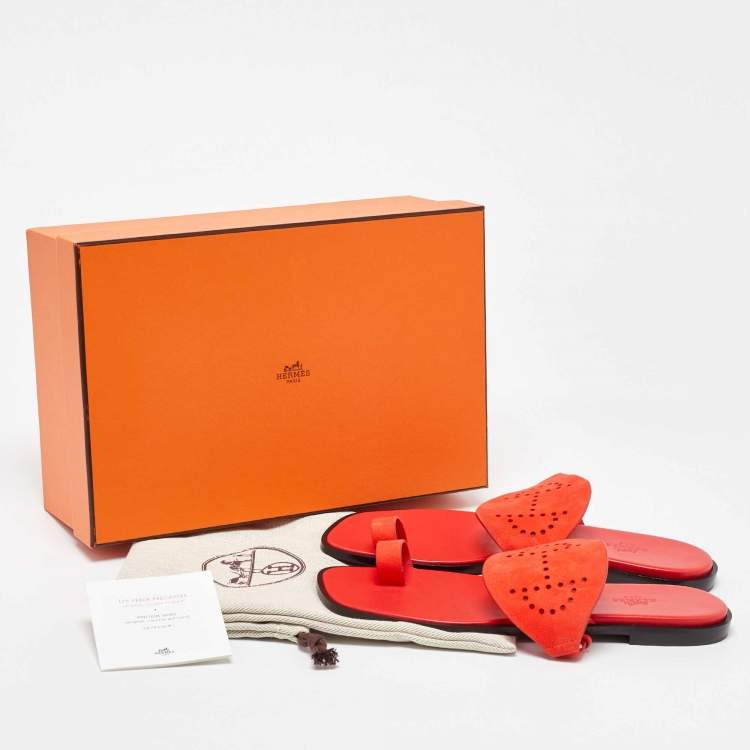 Pre Owned Hermes Orange Suede Flat Sandals Size 41