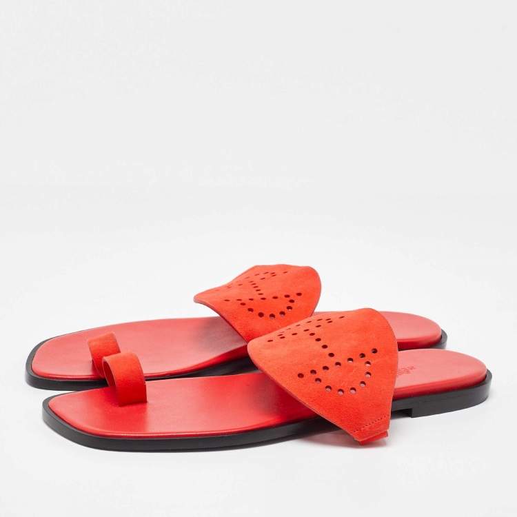 Pre Owned Hermes Orange Suede Flat Sandals Size 41