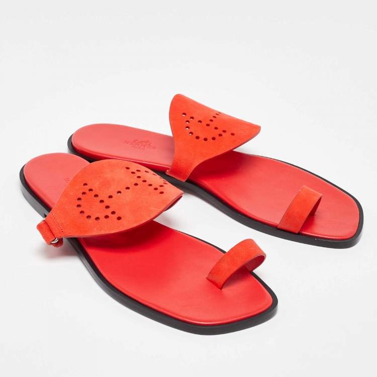 Pre Owned Hermes Orange Suede Flat Sandals Size 41