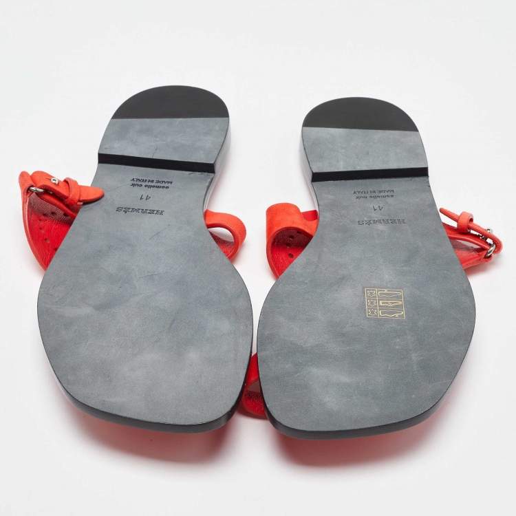 Pre Owned Hermes Orange Suede Flat Sandals Size 41