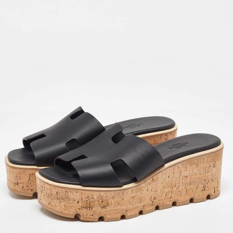 Pre Owned Hermes Black Leather Platform Sandals 38