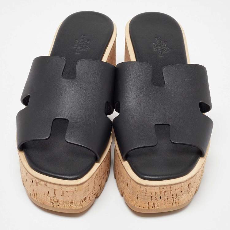 Pre Owned Hermes Black Leather Platform Sandals 38