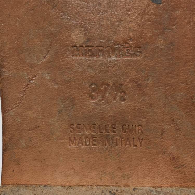 Pre Owned Hermes Brown Leather Oran Flat Slides Size 37.5