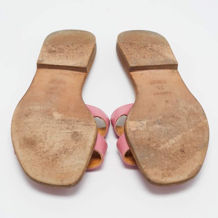 Pre Owned Hermes Pink Leather Oran Flat Slides Size 37