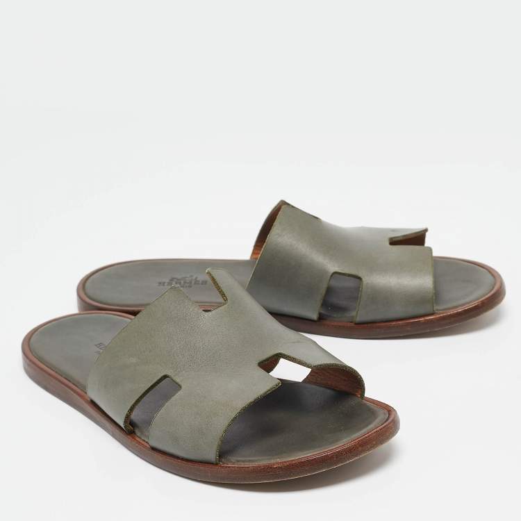 Pre Owned Hermes Grey Leather Izmir Flat Sandals Size 40