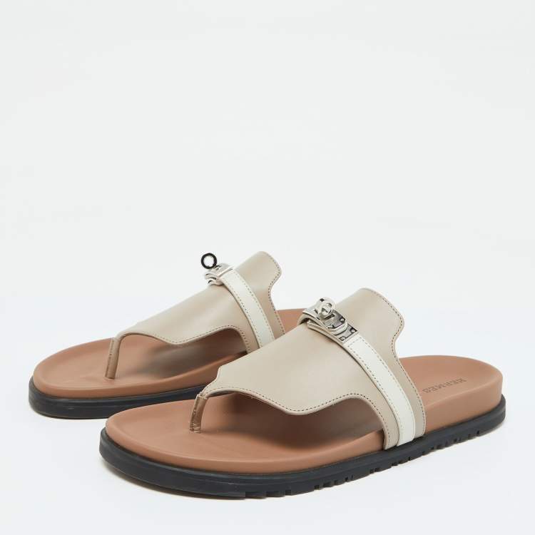 Pre Owned Hermes Beige/White Leather Empire Flat Sandals Size 40