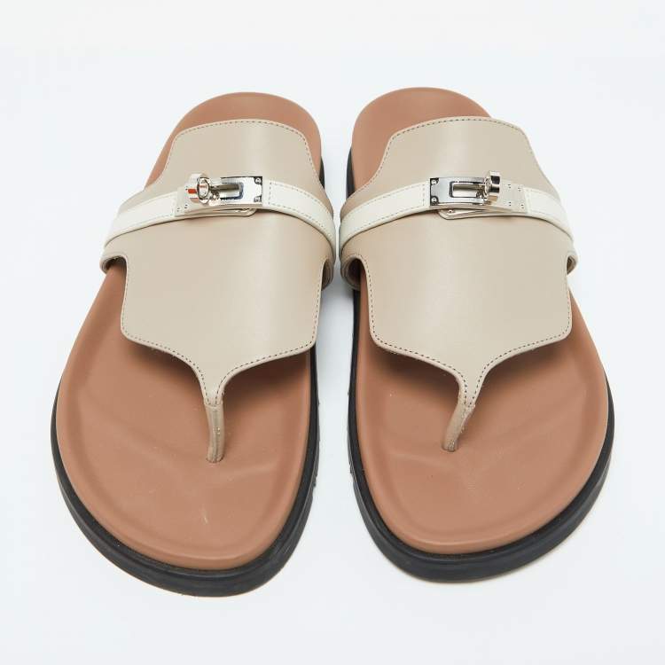 Pre Owned Hermes Beige/White Leather Empire Flat Sandals Size 40