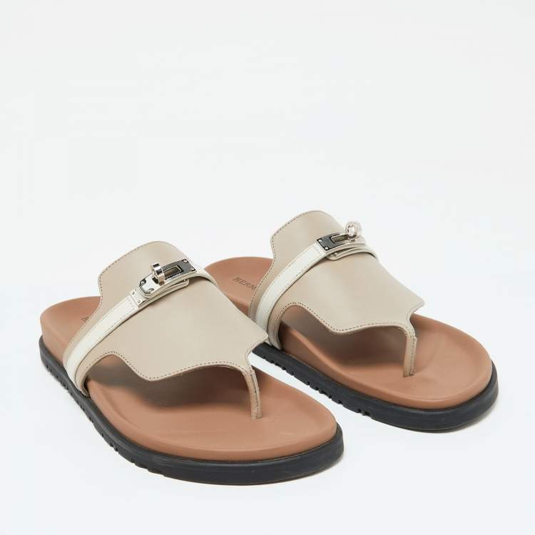 Pre Owned Hermes Beige/White Leather Empire Flat Sandals Size 40