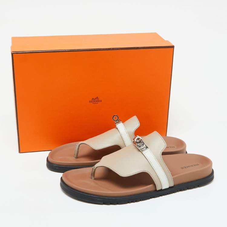 Pre Owned Hermes Beige/White Leather Empire Flat Sandals Size 40