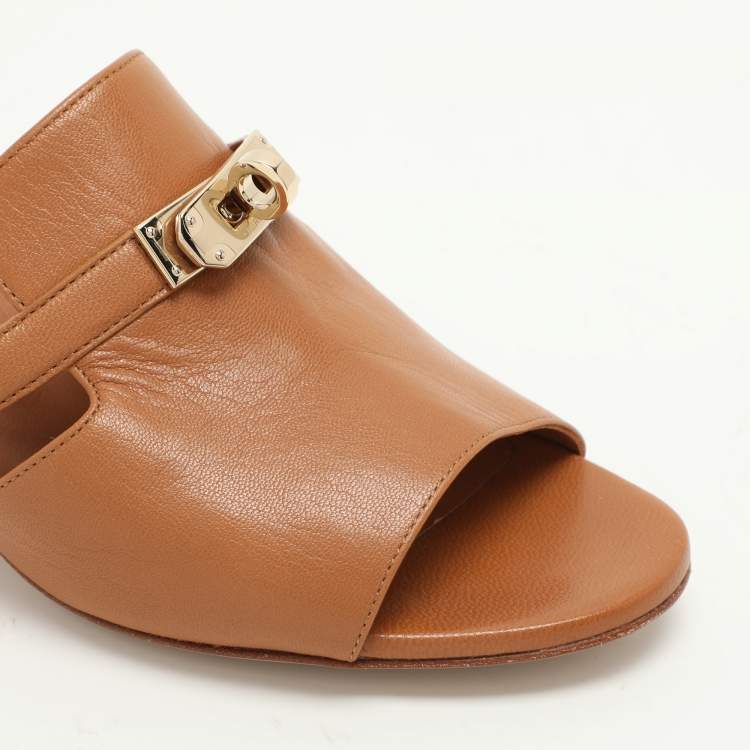 Pre Owned Hermes Tan Leather Candy Slide Sandals Size 36.5