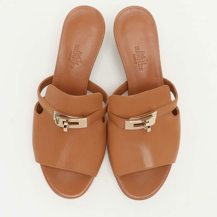 Pre Owned Hermes Tan Leather Candy Slide Sandals Size 36.5
