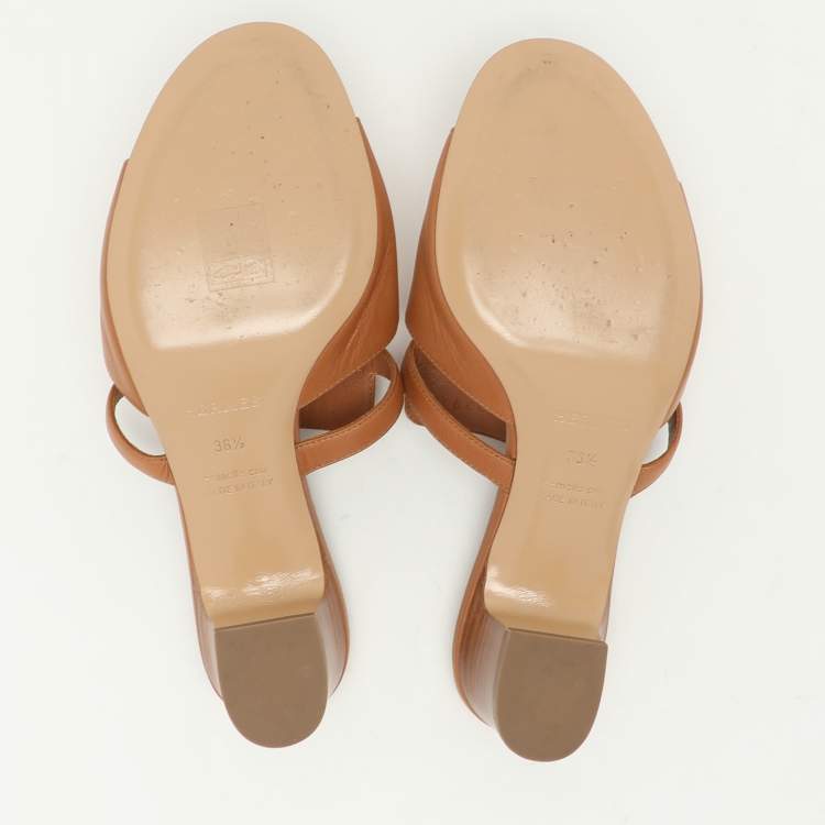 Pre Owned Hermes Tan Leather Candy Slide Sandals Size 36.5