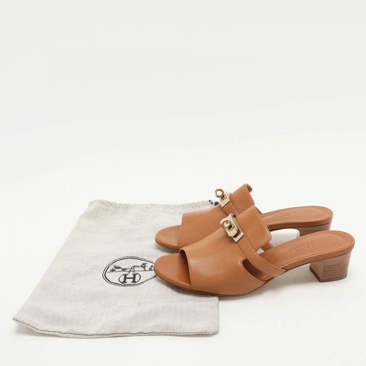 Pre Owned Hermes Tan Leather Candy Slide Sandals Size 36.5