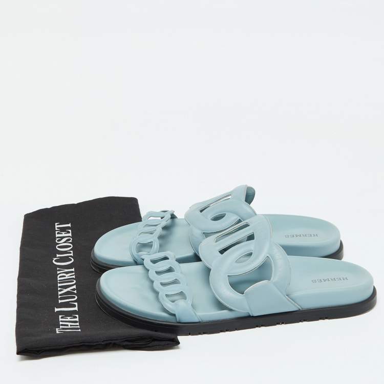 Pre Owned Hermes Light Blue Leather Extra Flat Sandals Size 39